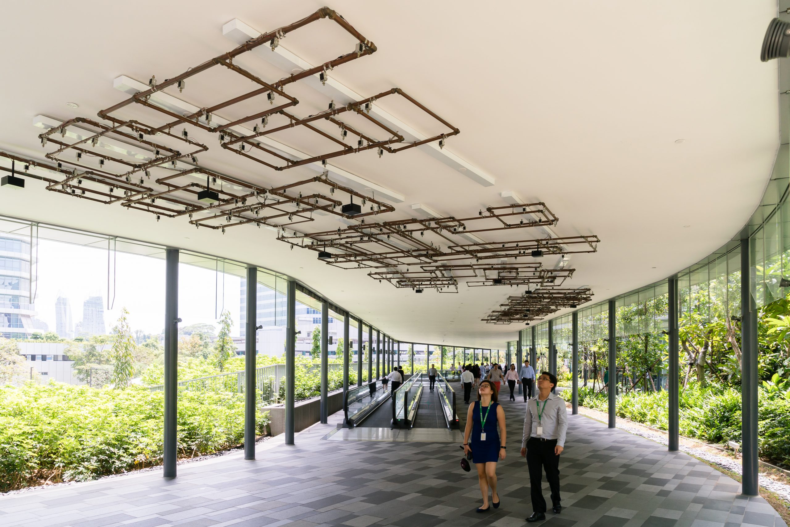 <span>Zulkifle Mahmod, </span><em>Sonic Pathway</em><span>, 2017, copper pipes, 512 solenoids, microcontrollers, speakers, Mapletree Business City II, installation view.</span>